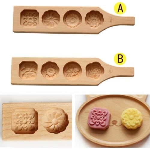 4 In 1 Japanese Style Solid Wood Mold Chinese Moon Cake Dessert Glutinous Rice Snowy Mooncake Flower Mould Baking Pastry Tools