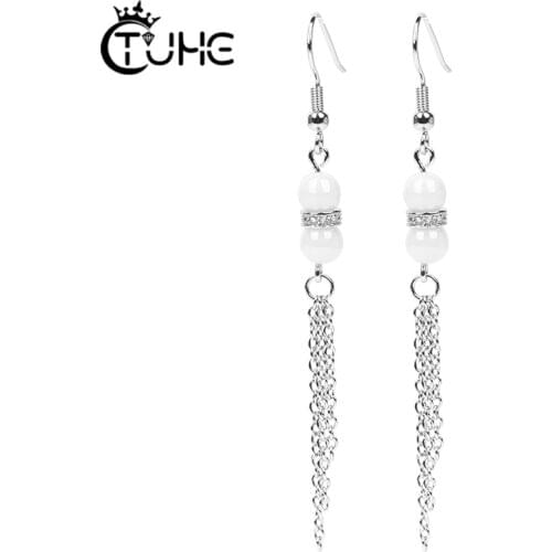 Fashion Ceramic Earrings Bride Long Hanging Earrings Crystal Rhinestone Tassel Earrings for Women Wedding Engagement Jewelry