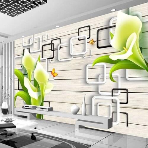 Custom Mural Wallpaper 3D Stereo Lily Flower Geometric Wooden Board Wall Painting Living Room Background Wall Mural Home Decor