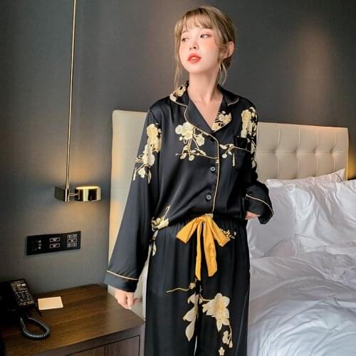 Womens Pajamas Silk Like Couple Set Luxury Style Black Golden Flower Print Sleepwear Home Clothes Nightwear New Summer Hot Sale