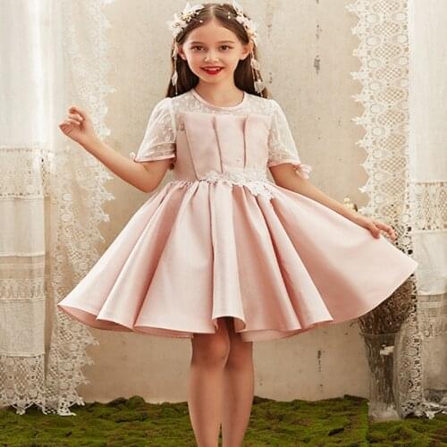 Flower Girl Dress Elegant O-Neck Short Princess Knee-Length Tulle Embroidery Pearls Pleat Luxury Pink Lace Kids Party Gown H178