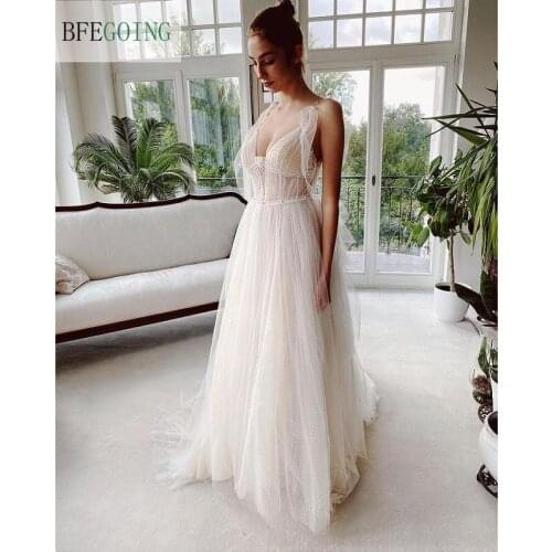 Ivory Tulle Beading V-Neck Bridal Gowns Spaghetti Straps Floor-Length A-Line Wedding Dress Court Train Custom Made