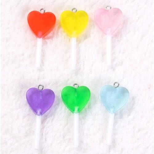 16pcs/lot 18.5*39mm Lollipop Charms Transparent Heart Shape Glitter Resin Candy Accessories Jewelry Diy
