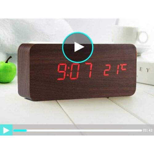 Bedside Led Wooden Alarm Clock,Despertador Temperature Sounds Control Led Display,USB Electronic Desktop Digital Table Clocks