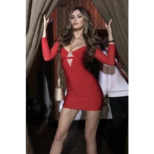Dropship Bodycon Dress 2020 Red Rayon Long Sleeve Fashion Bandage Dress High Quality Solid Womens Stretch Bandage Dress Sexy