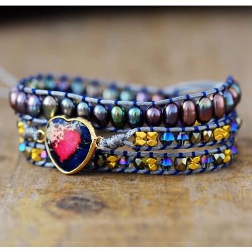 Luxury Heart Shape Wrap Bracelets W/ Freshwater Pearls Crystal 3 Strands Vegan Bracelet Classic Jewelry Bijoux Dropshipping