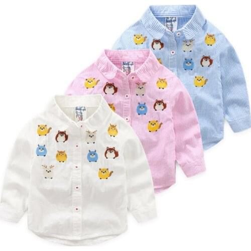 Cute Bird Embroidery Baby Girl Blouses Long Sleeve Casual Buttons Shirt Clothing Striped Cotton Baby Boy Clothes 2018 Hot Sale