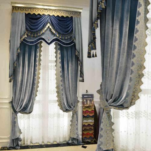 New Light Luxury Curtains for Living Dining Room Bedroom Thick Cashmere Shading Chenille Embroidered Bead Blue Curtains Tulle