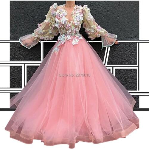 Turkish Arabic Prom Evening Dress Ball Gown V-Neck Full Sleeves Tulle Pink Dress Applique Flowers Floor-Length Zipper Dubai