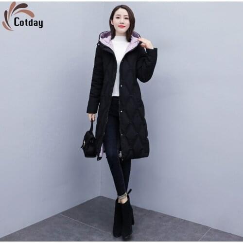 Cotyday Thickened Whth Hooded Down Womens Black Office Style Winter Loose Fashion Cotton Padded New Casual Long Jacket Coat