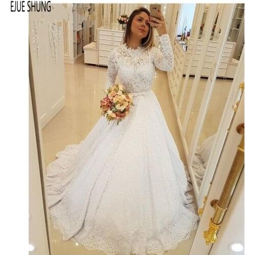 E JUE SHUNG Gorgeous Lace Wedding Dresses Jewel Neck Long Sleeves Pearls With Bow Sash Muslim Bridal Dresses robe de mariee