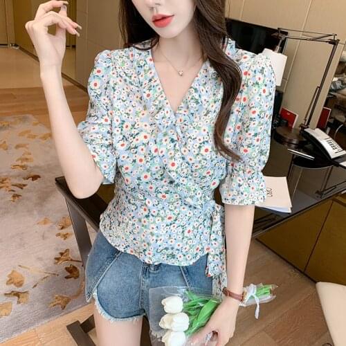 Vintage chiffon blouse 2021 New Korean Floral Print Womens Shirt Ruffles V-neck Lace Up Bandage Crop Top Sweet Short Blouses