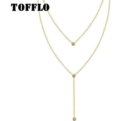 TOFFLO Stainless Steel Jewelry Tassel Zircon Double Layered Necklace For Womens Hip Hop Clavicle Chain BSP883
