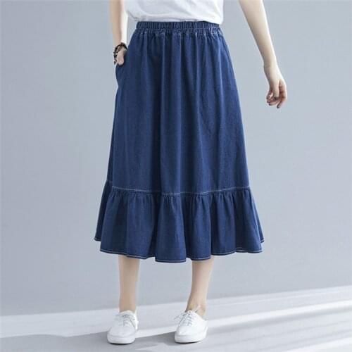 Women Fashion Summer high waist pleated Ruffled denim skirt,plus size Spring Autunm Elegant cotton jeans skirts big size 6xl 7xl