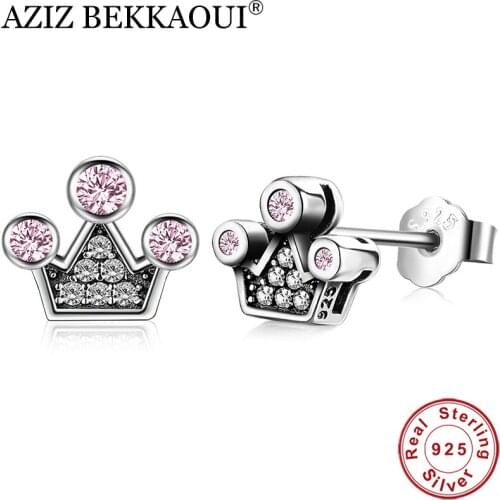 AZIZ BEKKAOUI Lovely 100% 925 Sterling Silver Pink Crystals Queen Crown Mountain Stud Earrings for Women femme Fine Jewelry Gift