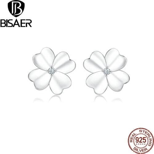 Elegant Flowers Earrings BISAER 925 Sterling Silver Luck & Courage Four-Leaf Clover Women Stud Earrings for Women Jewelry ECE864