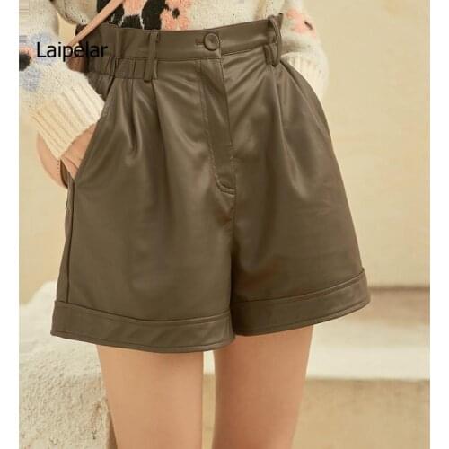 2021 Autumn Winter Shorts for Women Pu Faux Leather High Waist Wide Leg Shorts Elegant Female Solid Trousers