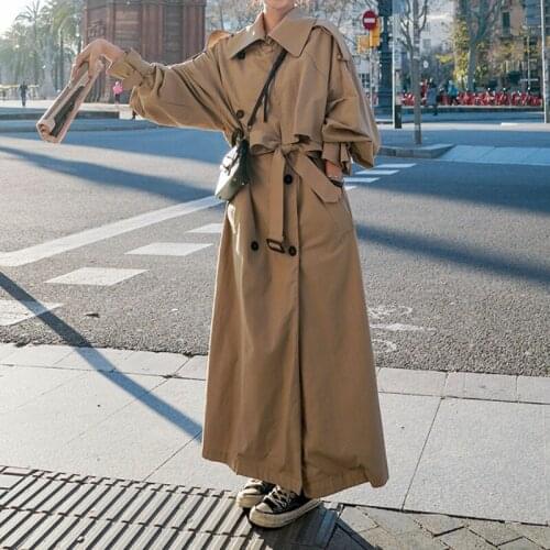 Oversized X-Long Korean Style Loose Spring Fall Womens Coat Double-Breasted Belted Lady Cloak Windbreaker Grey Outerwear Trench