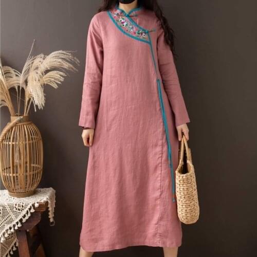 Women Vintage Embroidery Dress Autumn Mandarin Collar Cotton Sundress Chinese Cheongsam Robe Femme Linen Vestidos Tunic 12259
