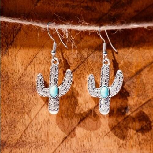 2021 Wholesale Retro Carved Pattern Cactus Pendant Jewelry Ethnic Turquoises Earrings for Women Vintage Stone Statement Earring