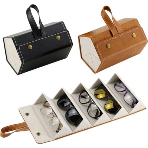 5 Slots Foldable PU Leather Sunglasses Eyeglasses Travel Organizer Case Multiple Hanging Eyewear Holder Display