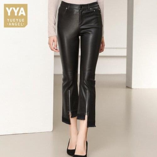 Asymmetrical Zip Split Flared Pants Women Elastic Matte Genuine Leather Pants Ankle Length High Waist Push Up Skinny Trousers