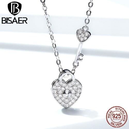 BISAER Romantic 100% 925 Sterling Silver Love Heart And Key Shape Women Pendants Necklaces Wedding Engagement Jewelry ECN315