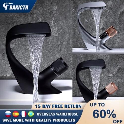 Bakicth Black Faucet Bathroom Sink Faucets Hot Cold Water Mixer Crane Deck Mounted Single Hole Bath Tap Finished Basin Taps