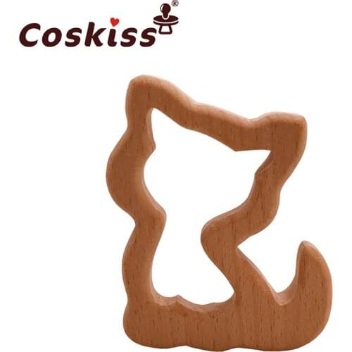 Coskiss Baby Wooden Teether Beech Wood Cartoon Cat Teething Toys Montessori Inspired Nursing Pendant Baby Teether