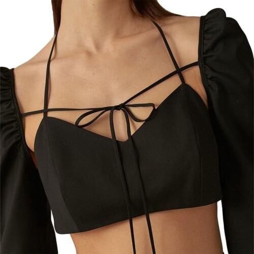 Women Halter T-shirt Fashion Sexy Lace-up Long Sleeve Solid Color V-neck Backless Exposed Navel Tops Tees Blouses Summer Spring