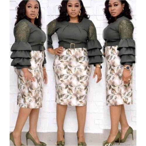 HGTE Large size L-2XL African costume mother dress Lace cake sleeve print dress lady office work tight MIDI dress