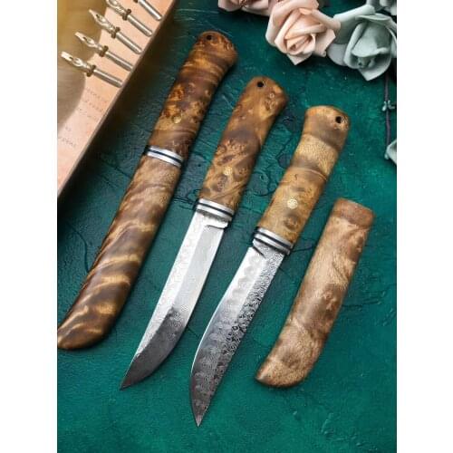 Japanese high-quality Damascus steel straight blade brown ebony outdoor hunting tactics straight blade with scabbard EDC tools