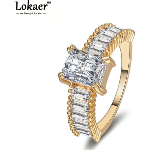 Lokaer Gold/Silver Color Copper Luxury Engagement Wedding Ring Prong Setting Rectangle AAA CZ Crystal Rings For Women LR17170