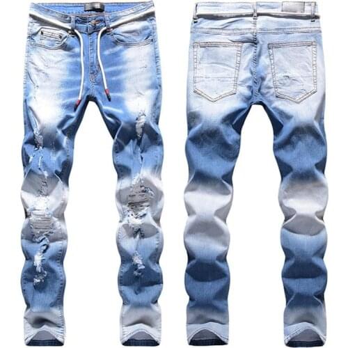 Trendy Brand High Street Trendy Men Fashion Light Blue Knee Holes High Elastic Slim Jeans Mens Jeans Skinny Motorcycle Pants