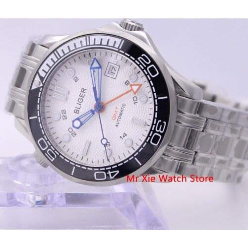 Bliger 41mm Automatic Mechanical Mens Watch Sapphire Crystal Stainless Steel Bracelet Luminous Calendar Clock GMT Watch Male