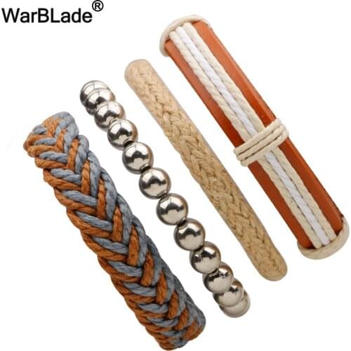 WarBLade 2018 New Leather Braided Men Bracelet Vintage Charm Beads Bracelets Bangle Punk Wrap Wristband For Male Women 4pcs/Set