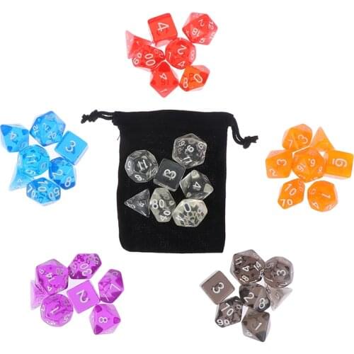 Polyhedral Dice Set with Pouch 6 Colors White Numbers of D4 D6 D8 D10 D% D12 D20 for DND RPG Table Games 7pcs/set