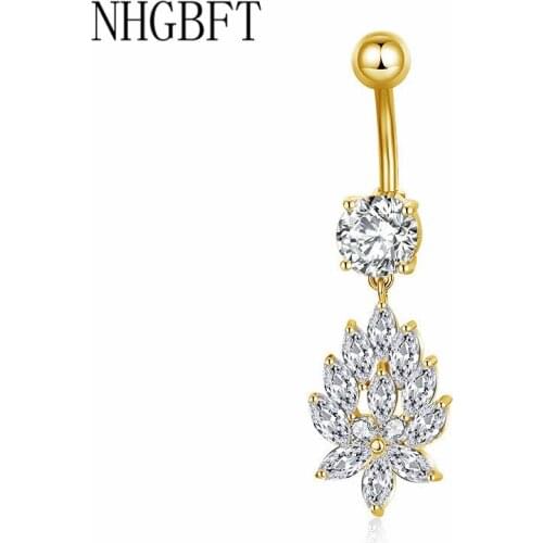 NHGBFT Simple elegant flower shape belly button ring women girl Dangle body jewelry navel piercing
