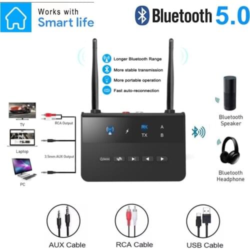 80M Bluetooth 5.0 Transmitter Receiver Aptx LL Low Latency Wireless Audio Adapter 3.5mm AUX RCA Jack for PC TV Headphones