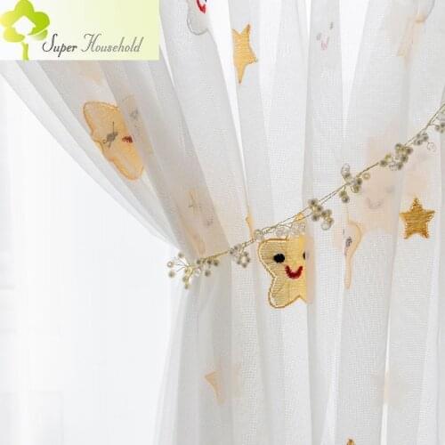 Smiley Star Simple Embroidered Curtains Tulle Window Screen Childrens Bedroom Partition Gauze for Living Room Drapes