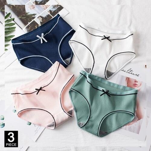 Cotton Panties for Woman Sexy Fashion Briefs Solid Color knickers Girl Bow Underpants Underwear Lingerie Dropshipping 3 Pcs/set