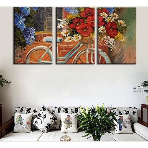 Gift Oil Painting for Living Room Wall Bike in the Garden Landscape Handpainted Red Flowers Artwork Home Decorative Dropshipping