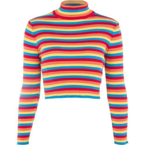 Womens Spring Long Sleeve Turtleneck Sweater Rainbow Stripes Short Crop Tops Bodycon Ribbed Knitted Basic Pullover Jumper