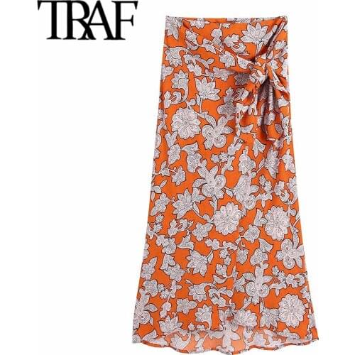 TRAF Women Fashion With Knot Totem Print Midi Skirt Vintage High Waist Front Slit Female Skirts Mujer