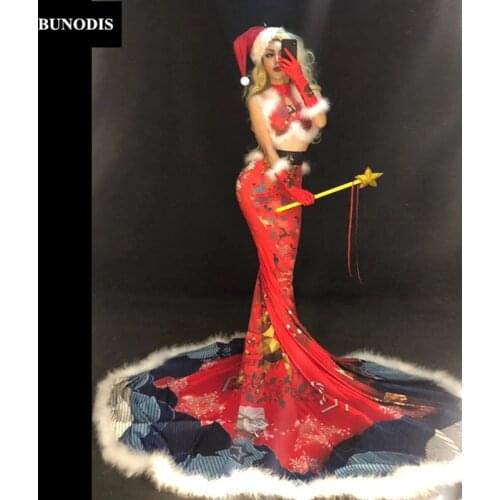 ZD400 Christmas Style(Without Cane)Women Sexy Red Long Skirt White Fluff Nightclub Party Stage Wear Dancer Singer Bling Costumes