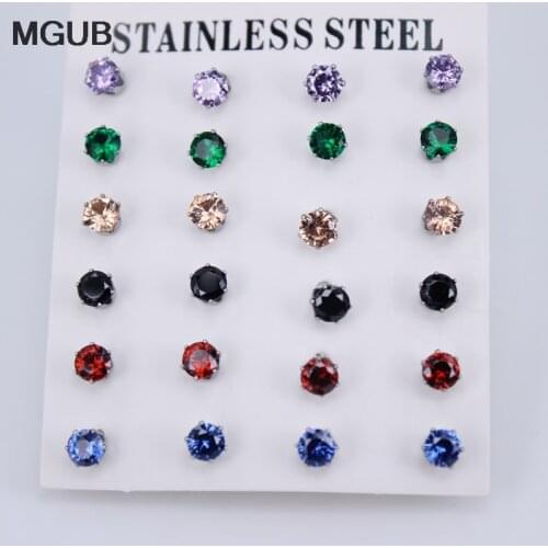Stainless Steel Jewelry 12 pairs/set multiple colour Diameter 3-6mm High quality Cubic Zirconia Stud Earrings for Women ZN29