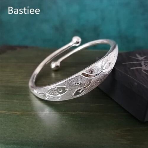 Bastiee 999 Sterling Silver Cuff Bracelet For Women Bangle Fish Lotus Flower Adjustable Hmong Handmade Luxury Jewelry Wife Gift