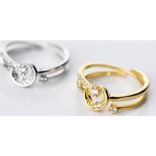 HF JEL Gold Silver Moon Star Rings for Women Double Cz Rings 925 Sterling Silver Women Girl Fine Jewelry Accessories Gift