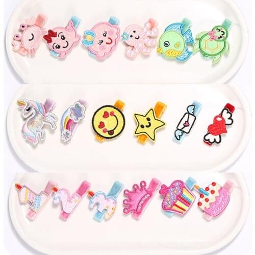 18pcs/set Embroidered Cartoon Animal Little Girl Hair Clip Birthday Number Unicorn Fruit Hairpin Crown Princess Bowknot Barrette