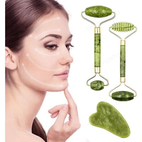 2pcs Face Massager Roller Natural Jade Stone Guasha Board Scraper Set Facial Lift Skin Relaxation Slimming Beauty Neck Thin Tool